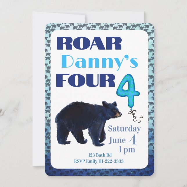 Roar Four Bear 4th Birthday Invitation (Front)