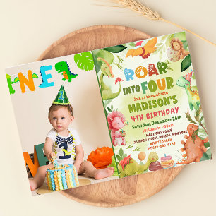 Roar Four Dinosaur Greenery 4th Birthday Photo Invitation