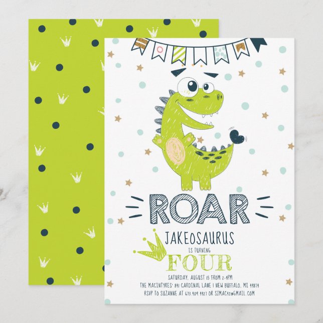 ROAR Green Dinosaur Birthday Invitation (Front/Back)