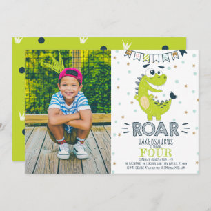 ROAR green Dinosaur Birthday Photo Invitation