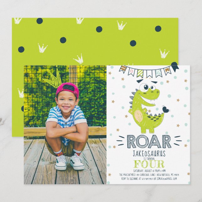 ROAR green Dinosaur Birthday Photo Invitation (Front/Back)