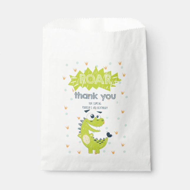 ROAR Green Dinosaur Birthday Thank you Favour Bags (Front)