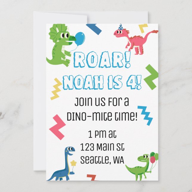 Roar I'm 4 Dinosaur Birthday Party Invitation (Front)