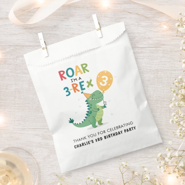 Roar I'm a 3-Rex Kids Third Birthday Party Favour Bags (Clipped)