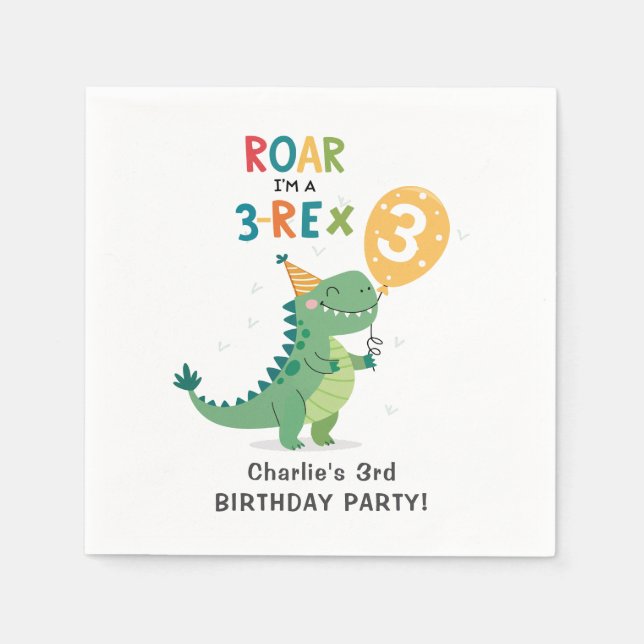 Roar I'm a 3-Rex Kids Third Birthday Party Napkin (Front)
