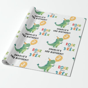 Roar I'm a 3-Rex Kids Third Birthday Party Wrapping Paper