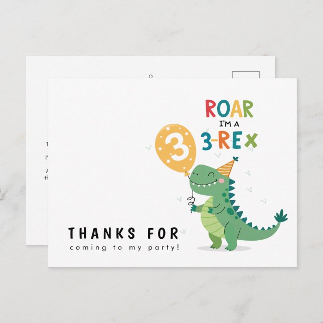 Roar I'm a 3-Rex Kids Third Birthday Thank You Postcard (Front/Back)
