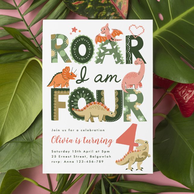  Roar I'm Four, Pink Boho Dinosaur 4th Birthday Invitation (Creator Uploaded)