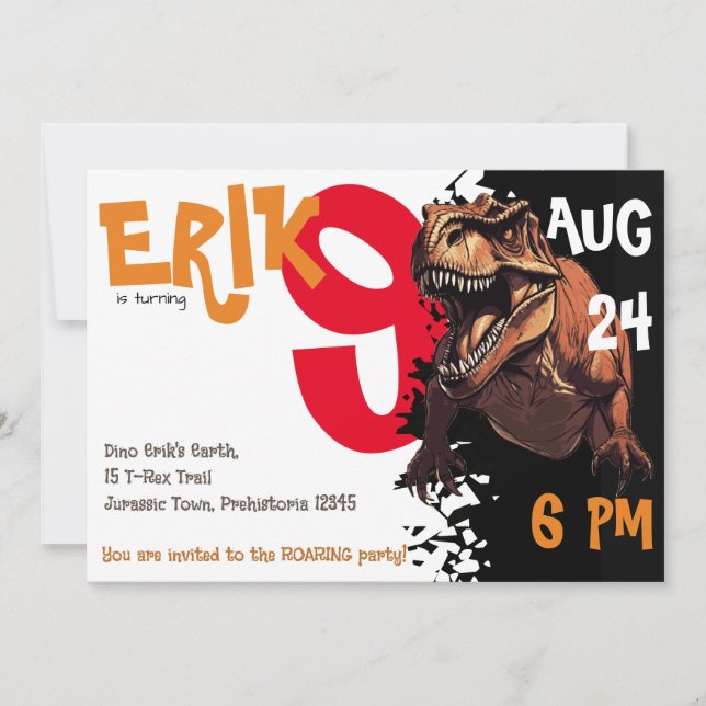 Roar into Adventure with Ferocious T-Rex Birthday Invitation (Front)