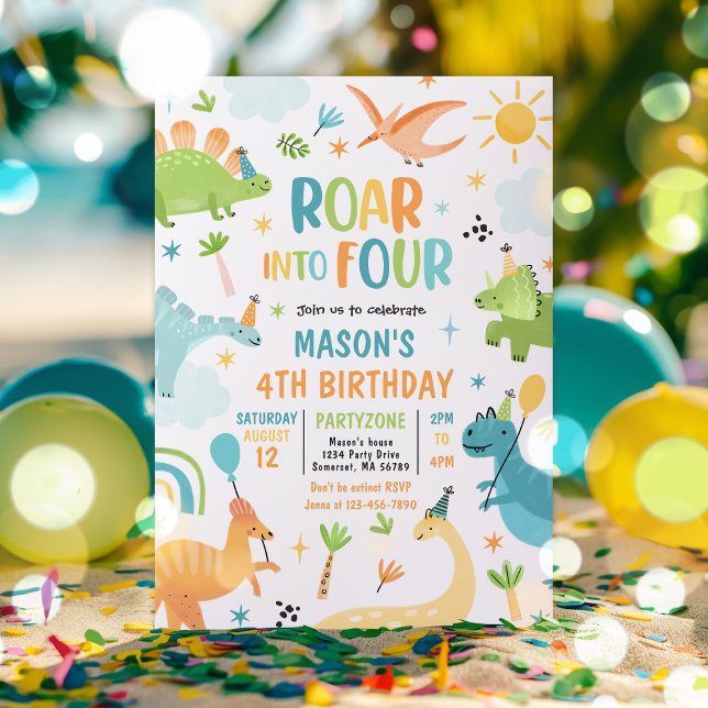 Roar Into Four Boy Dinosaur 4th Birthday Party Invitation (Creator Uploaded)