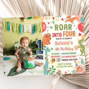 Roar Into Four Dinosaur 4th Birthday Party Photo Invitation