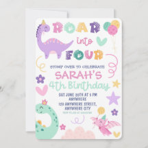 Roar Into Four Dinosaur Birthday Party Invitation