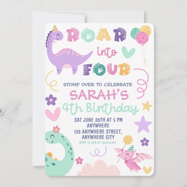 Roar Into Four Dinosaur Birthday Party Invitation (Front)