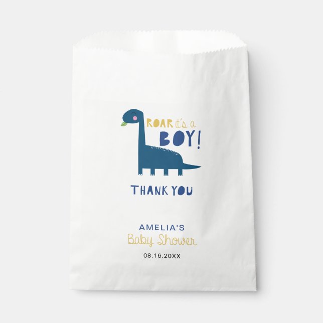 Roar it's a boy blue dinosaur baby shower cute favour bags (Front)