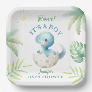 Roar Its a Boy Cute Dino Boy Dinosaur Baby Shower Paper Plate