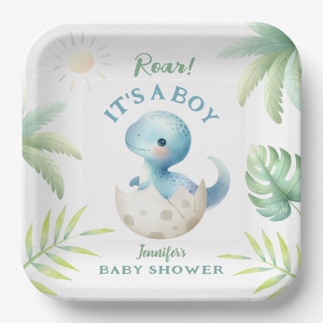 Roar Its a Boy Cute Dino Boy Dinosaur Baby Shower  Paper Plate (Front)