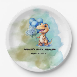 Roar Its A Boy T-Rex Dinosaur Baby Shower Paper Plate