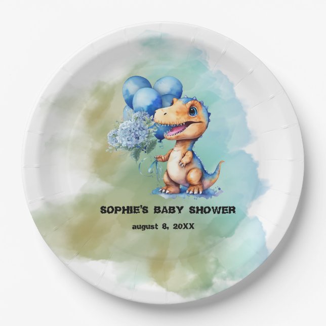 Roar Its A Boy T-Rex Dinosaur Baby Shower Paper Plate (Front)