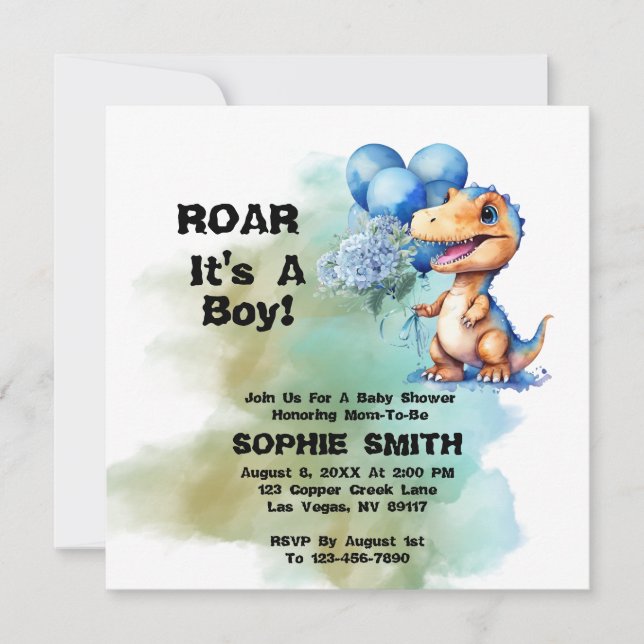 Roar Its A Boy T-Rex Dinosaur Baby Shower square Invitation (Front)