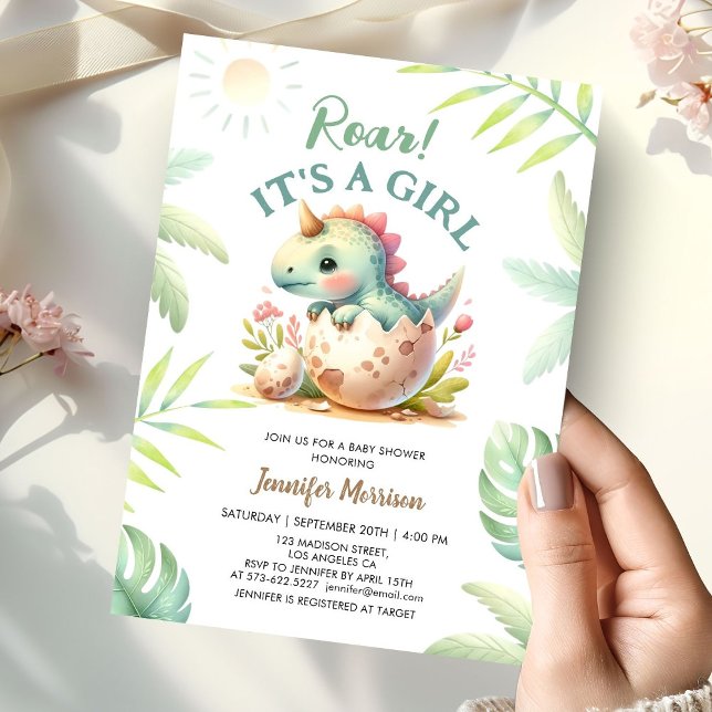 Roar It's a Girl Cute Dino Dinosaur Baby Shower Invitation (Creator Uploaded)