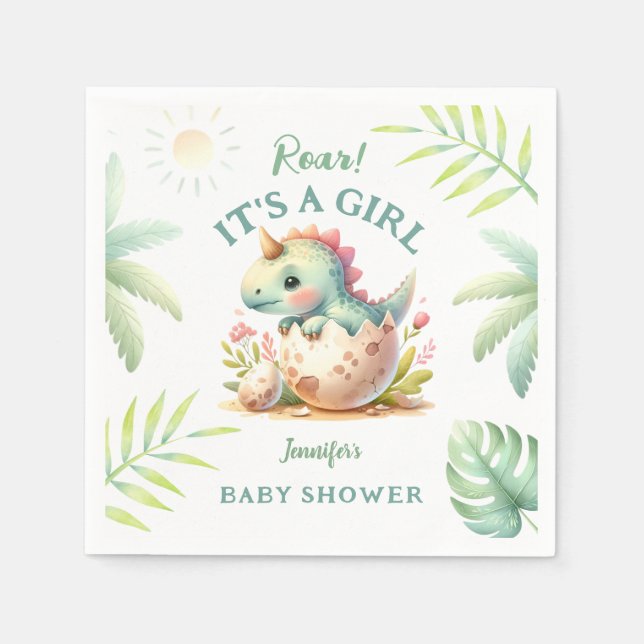 Roar It's a Girl Cute Pink Dinosaur Baby Shower  Napkin (Front)