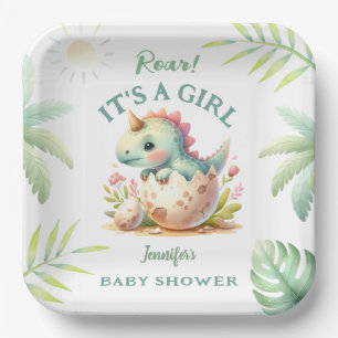 Roar It's a Girl Pink Dino Dinosaur Baby Shower Paper Plate