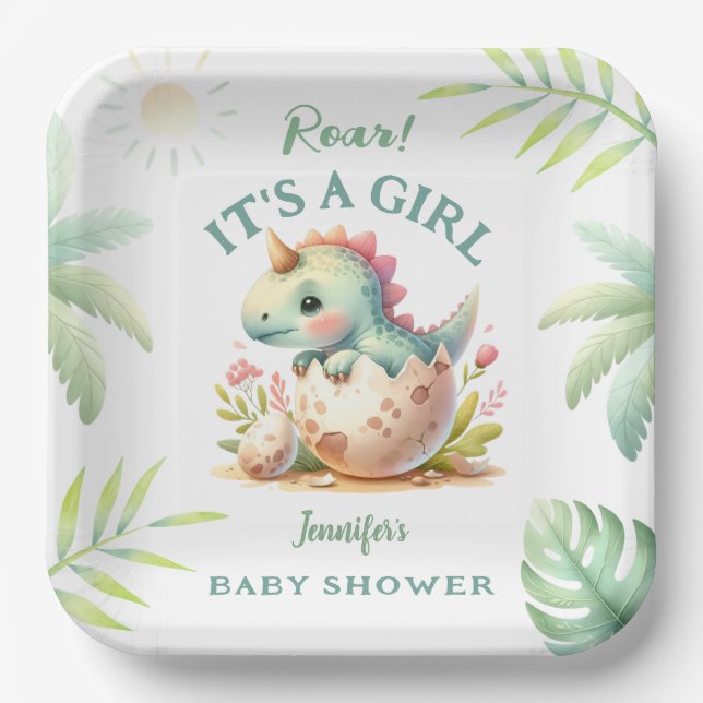 Roar It's a Girl  Pink Dino Dinosaur Baby Shower Paper Plate (Front)