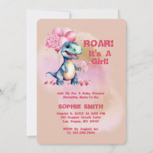 Roar It's A Girl T-Rex Baby Dinosaur Pink Invitation
