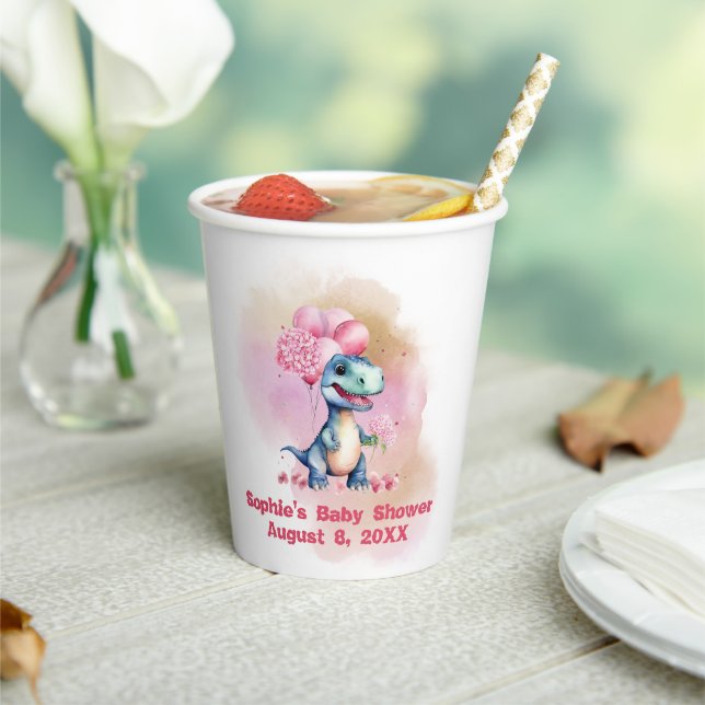 Roar It's A Girl T-Rex Baby Dinosaur Pink Paper Cups (Insitu)