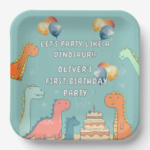 Roar Like a Dinosaur Boy 1st Birthday Party Paper Plate