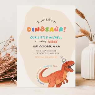 Roar Like a Dinosaur Watercolor Trex 3rd Birthday Invitation