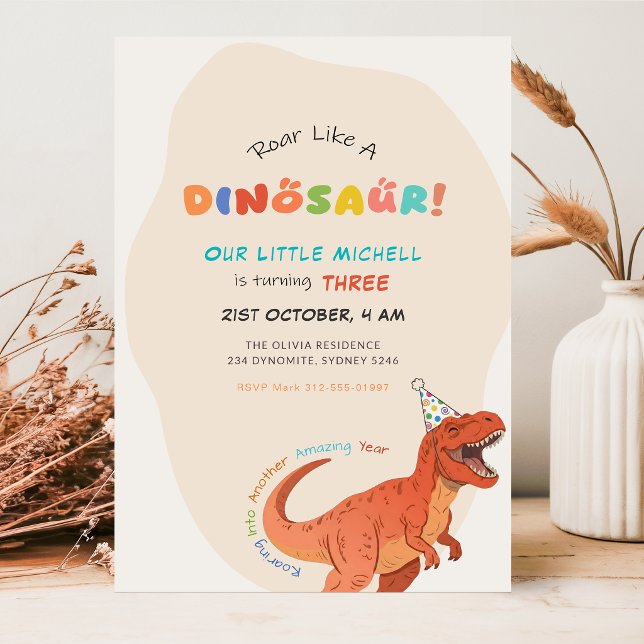 Roar Like a Dinosaur Watercolor Trex 3rd Birthday Invitation (Creator Uploaded)