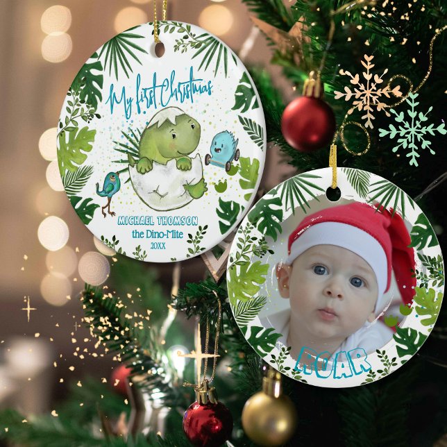 ROAR-some Baby's First Christmas Photo  Ceramic Tree Decoration (ROAR-some Baby's First Christmas Photo Ceramic Ornament)