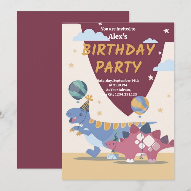 Roar-Some Dinosaur Birthday Party Invitation Fun S (Front/Back)