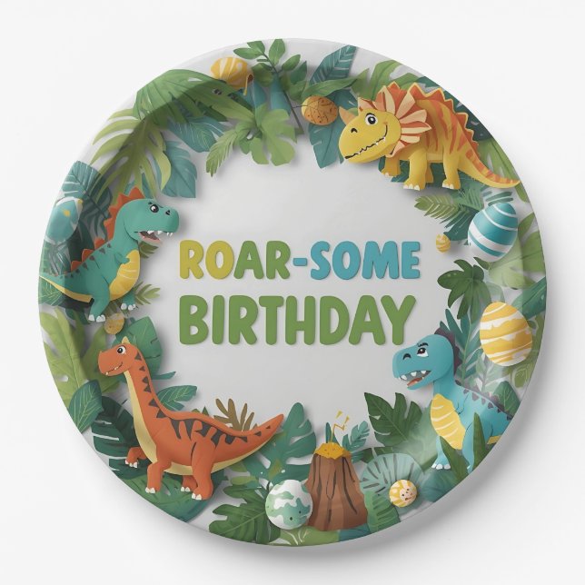 Roar-some Dinosaur Birthday Party Paper Plate (Front)