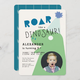 ROAR T-Rex Dinosaur Navy Blue Photo Boy's Birthday Invitation