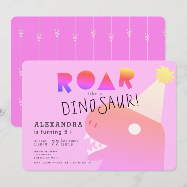 ROAR T-Rex Dinosaur Neon Pink Girl Birthday Invitation (Front/Back)