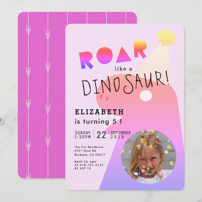 ROAR T-Rex Dinosaur Neon Pink Photo Girl Birthday Invitation (Front/Back)