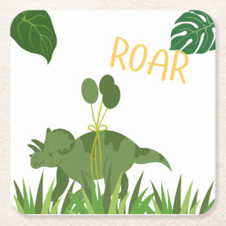 Roar We're 4 - Twins Dinosaur Birthday Party  Square Paper Coaster