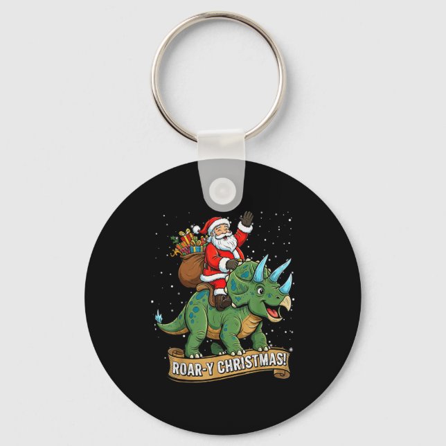 Roar-y Christmas Funny Santa Riding Dinosaur Trice Key Ring (Front)