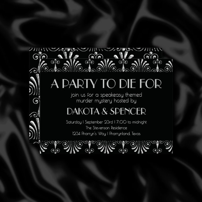 Roarin 20s Silver on Black Art Deco Murder Mystery Invitation (Creator Uploaded)