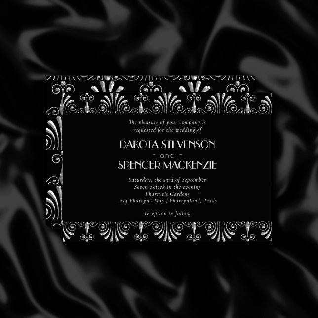 Roarin 20s Silver on Black Modern Art Deco Wedding Invitation (Creator Uploaded)
