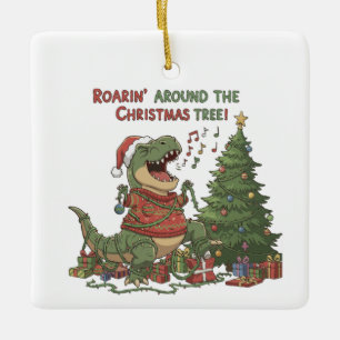  Roarin' Around The Christmas Tree Funny T-Rex  Ceramic Ornament