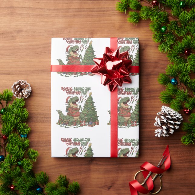  Roarin' Around The Christmas Tree Funny T-Rex  Wrapping Paper (Holiday Gift)