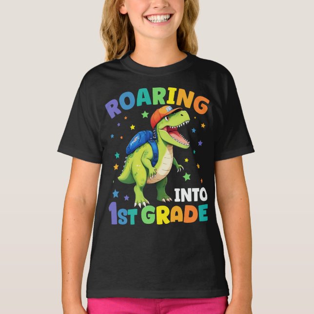Roaring 1st Grade Dinosaur T Rex Back To School T-Shirt (Front)