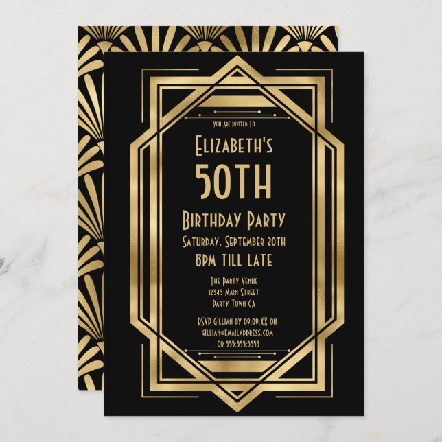 Roaring 20s Art Deco Black | Gold 50th Birthday  I Invitation (Front/Back)