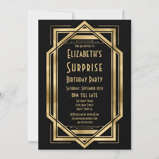 Roaring 20s Art Deco Black Gold Surprise Birthday  Invitation (Front)