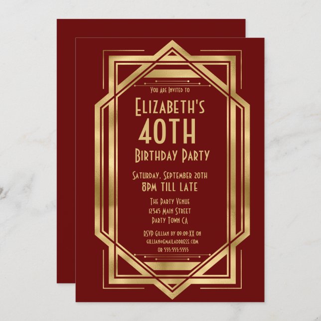 Roaring 20s Art Deco Burgundy | Gold 40th   Invitation (Front/Back)
