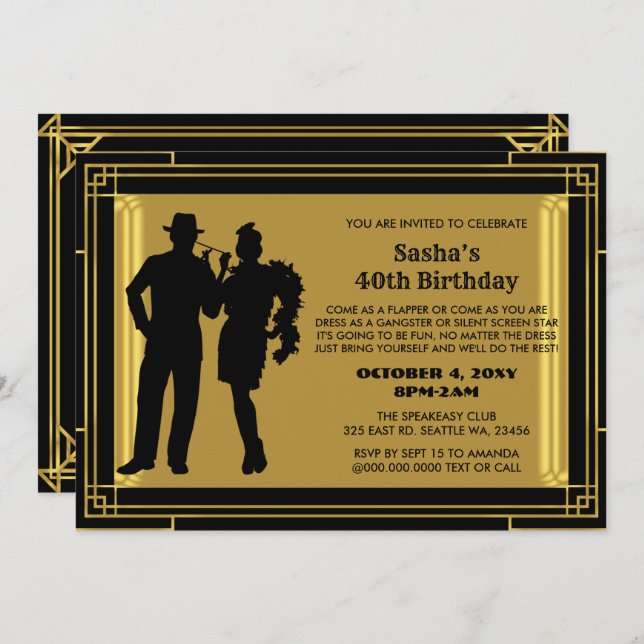 Roaring 20s art deco flapper girl and gangster inv invitation (Front/Back)