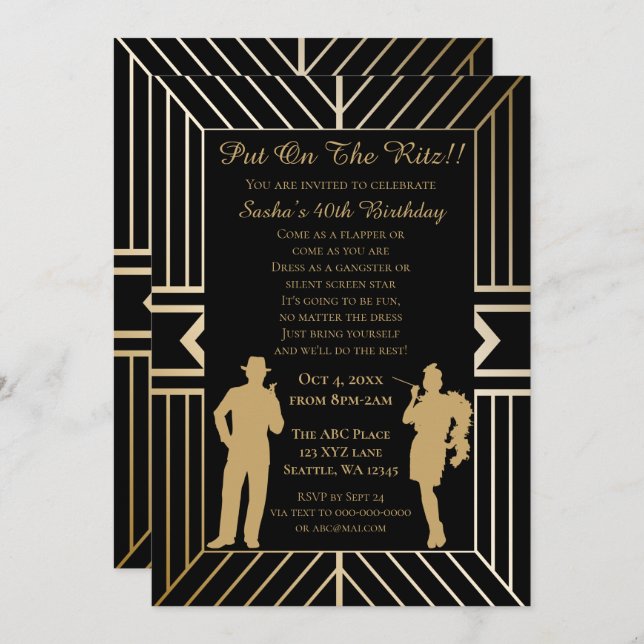 Roaring 20s art deco flapper girl and gangster invitation (Front/Back)